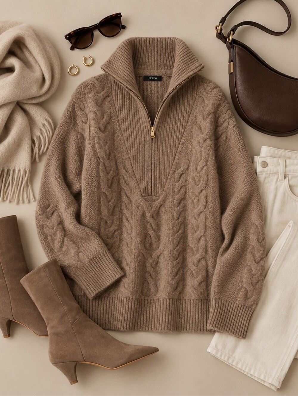 J. Crew Cozy Cable-Knit Half-Zip Sweater - Cream Merino Wool Blend